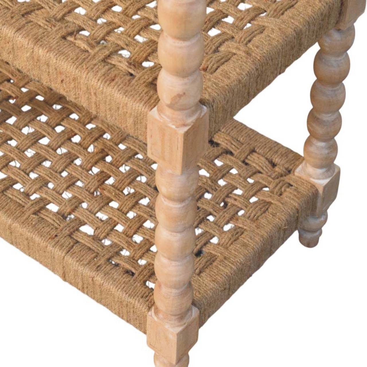Solid Mango Wood Savoy Bobbin Console with Jute Shelves - Image 6