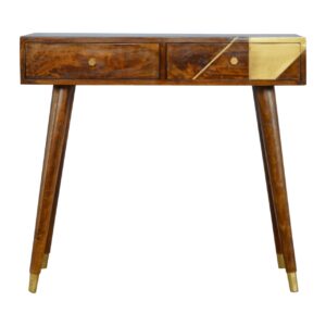 Solid Chestnut Finished Mango Wood Desk with Geometric Brass Detail