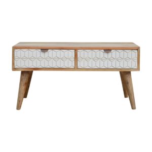 Solid Mango Wood Sleek White Carved Coffee Table