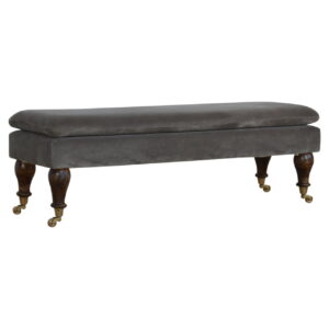 Solid Mango Wood Light Walnut Finished Grey Cotton Velvet Bench with Castor Feet