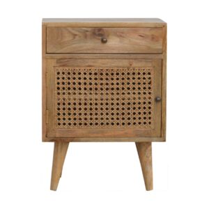 Solid Mango Wood Oak Finished Bedside with Rattan Door