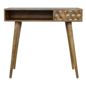 Solid Mango Wood Oak Finished Cube Carved Writing Desk With Open Slots