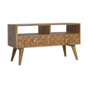 Solid Mango Wood Oak Finished Diamond Carved Media Unit With 2 Drawers and 2 Slots