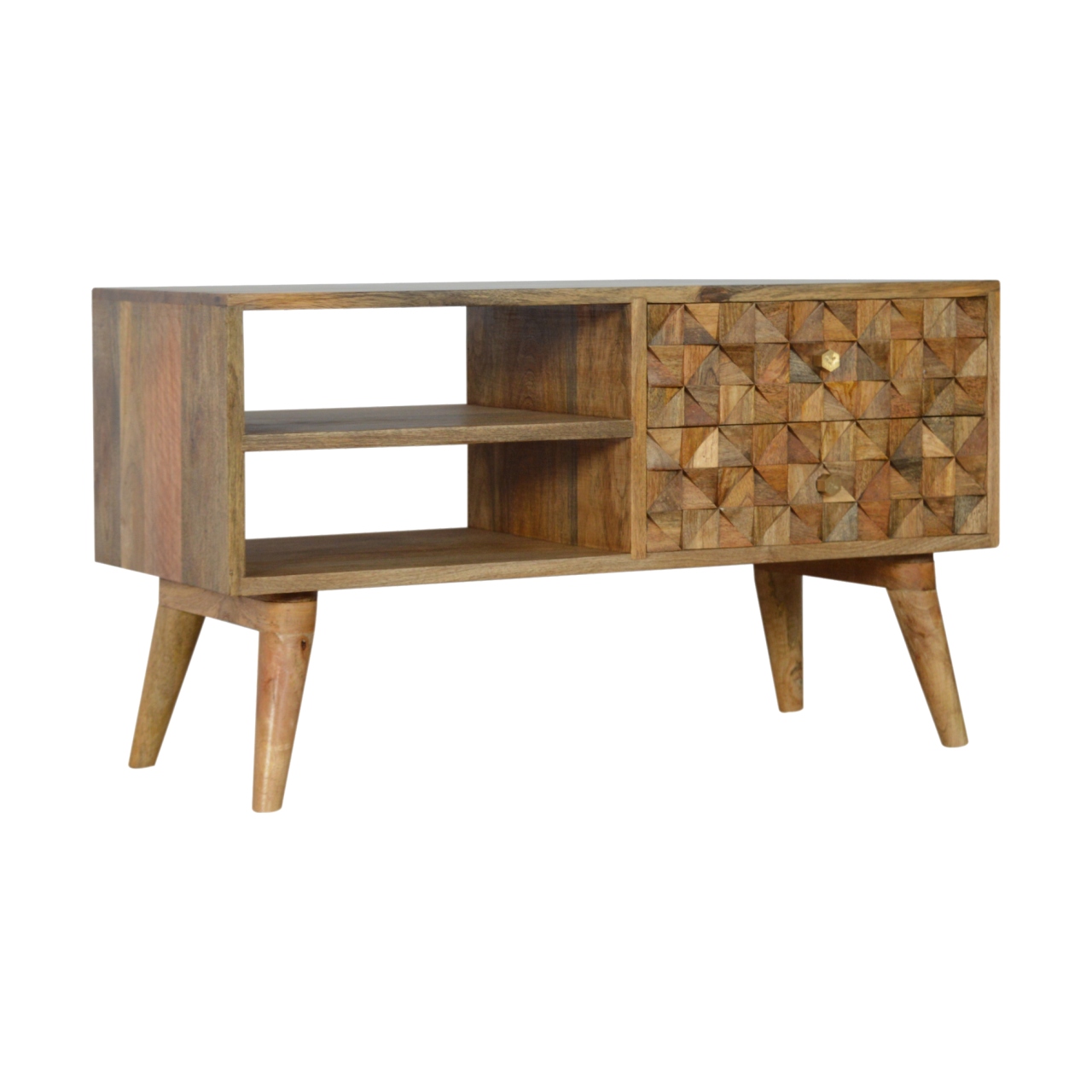 Solid Mango Wood Diamond Carved Oak Finished Media Unit - Image 2