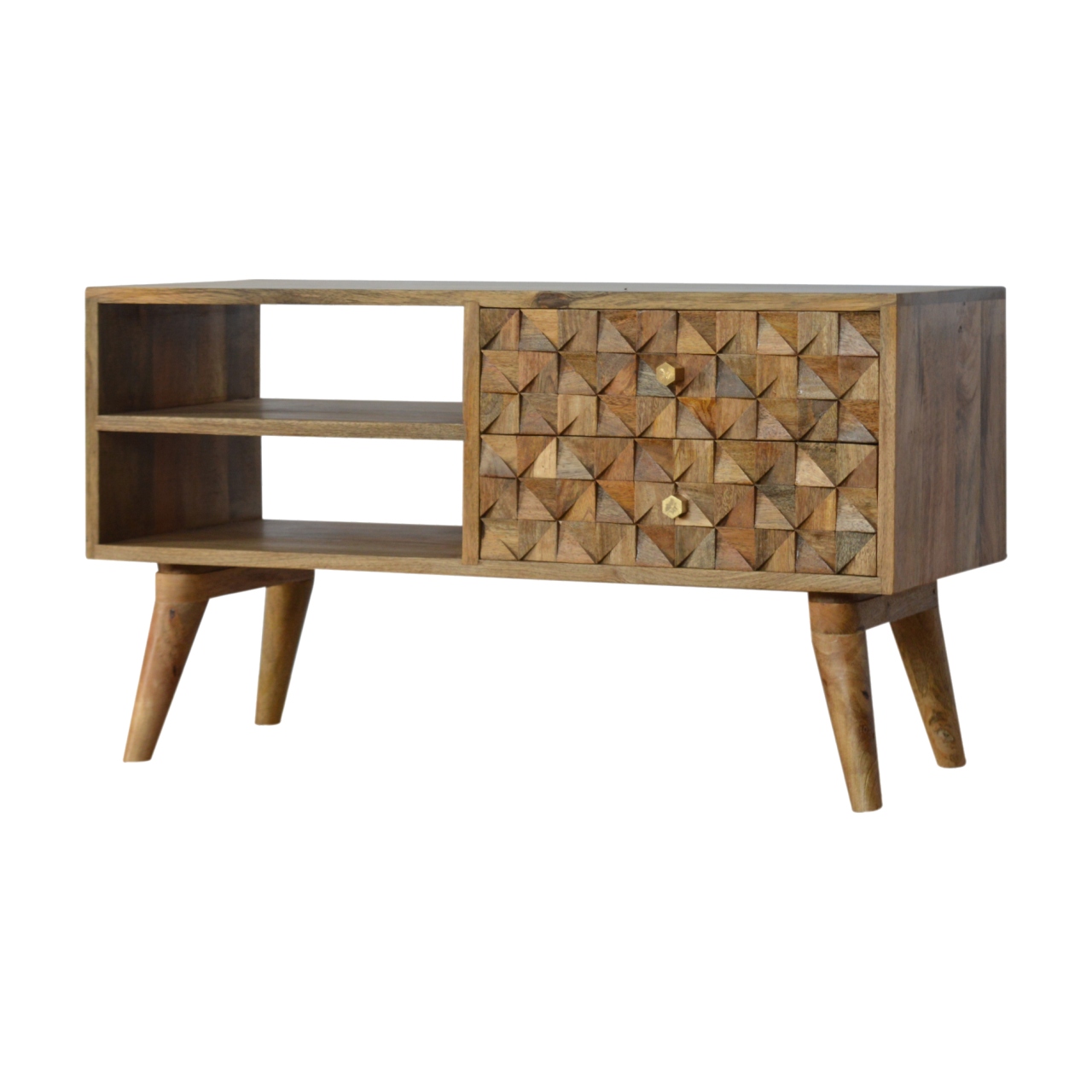Solid Mango Wood Diamond Carved Oak Finished Media Unit - Image 3