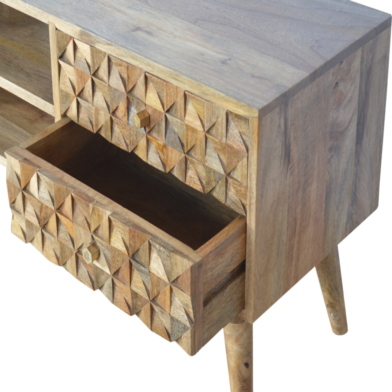 Solid Mango Wood Diamond Carved Oak Finished Media Unit - Image 7