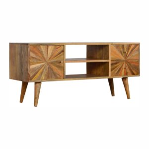 Solid Mango Wood Oak Finished Scandinavian Style Sunrise Patterned 1 Cabinet 2 Drawer 1 Shelf TV Stand/Media Unit