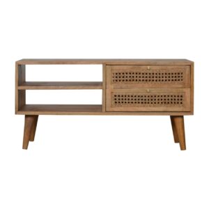 Solid Mango Wood Oak Finished Two Drawer Two Slot Rattan Front Media/Television Unit