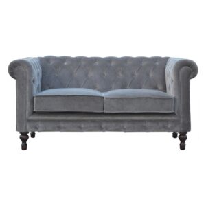 Solid Mango Wood Based Grey Velvet 2 Seater Chesterfield Sofa