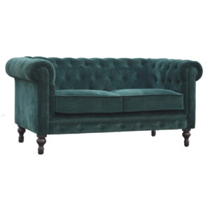 Solid Mango Wood Based Emerald Green Velvet 2 Seater Chesterfield Sofa