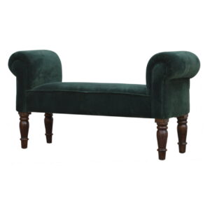 Solid Mango Wood Emerald Velvet Walnut Turned Feet Bench