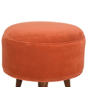 Solid Mango Wood Walnut Finished Brick Red Velvet Scandinavian Style Footstool