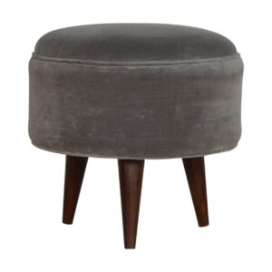 Solid Mango Wood Walnut Finished 3 Leg Grey Velvet Scandinavian Style Footstool