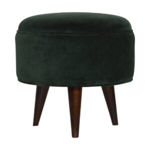 Solid Mango Wood Walnut Finished Emerald Velvet Scandinavian Style Footstool