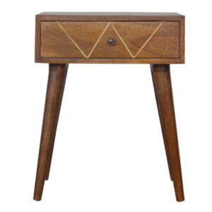Solid Mango Wood Chestnut Finished Wired Brass Inlay Scandinavian Legs Bedside