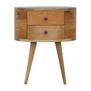 Solid Mango Wood Oak Finished Rounded Bedside Table