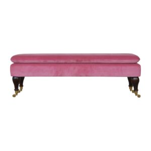 Solid Walnut Finished Mango Wood Pink Velvet Bench with Castor Legs