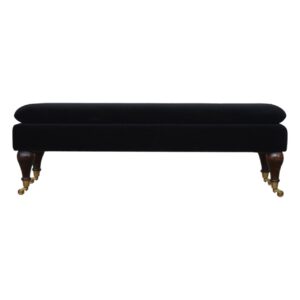 Solid Walnut Finished Mango Wood Black Velvet Bench with Castor Legs