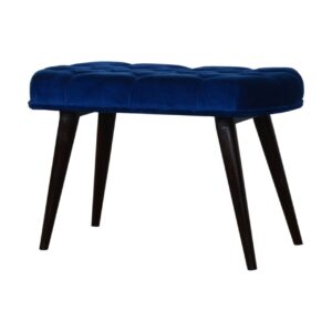Solid Mango Walnut Finished Legs Royal Blue Cotton Velvet Fabric Deep Button Scandinavian Style Bench/Stool