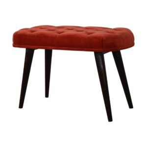 Solid Mango Walnut Finished Legs Brick Red Cotton Velvet Fabric Deep Button Scandinavian Style Bench/Stool
