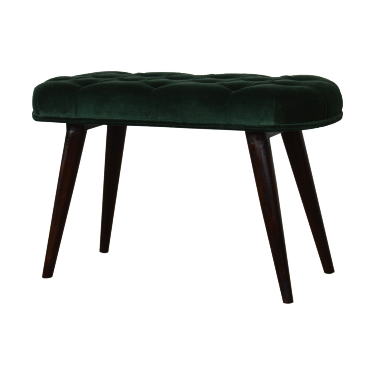Solid Mango Walnut Finished Legs Emerald Cotton Velvet Fabric Deep Button Scandinavian Style Bench/Stool - Image 2