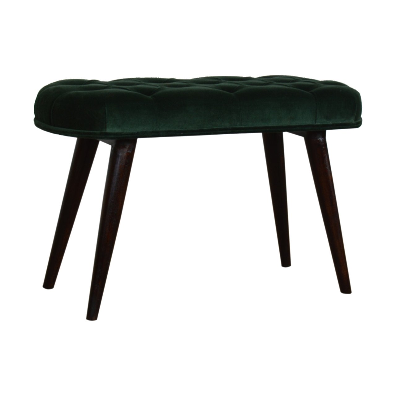 Solid Mango Walnut Finished Legs Emerald Cotton Velvet Fabric Deep Button Scandinavian Style Bench/Stool - Image 3