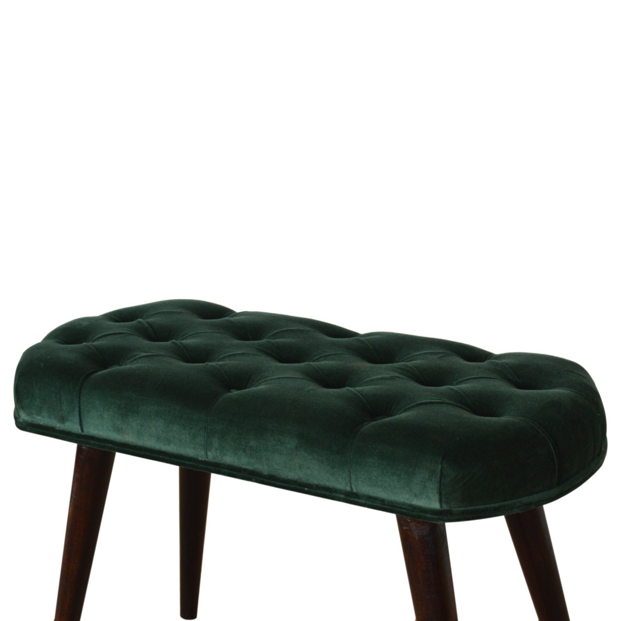 Solid Mango Walnut Finished Legs Emerald Cotton Velvet Fabric Deep Button Scandinavian Style Bench/Stool - Image 4