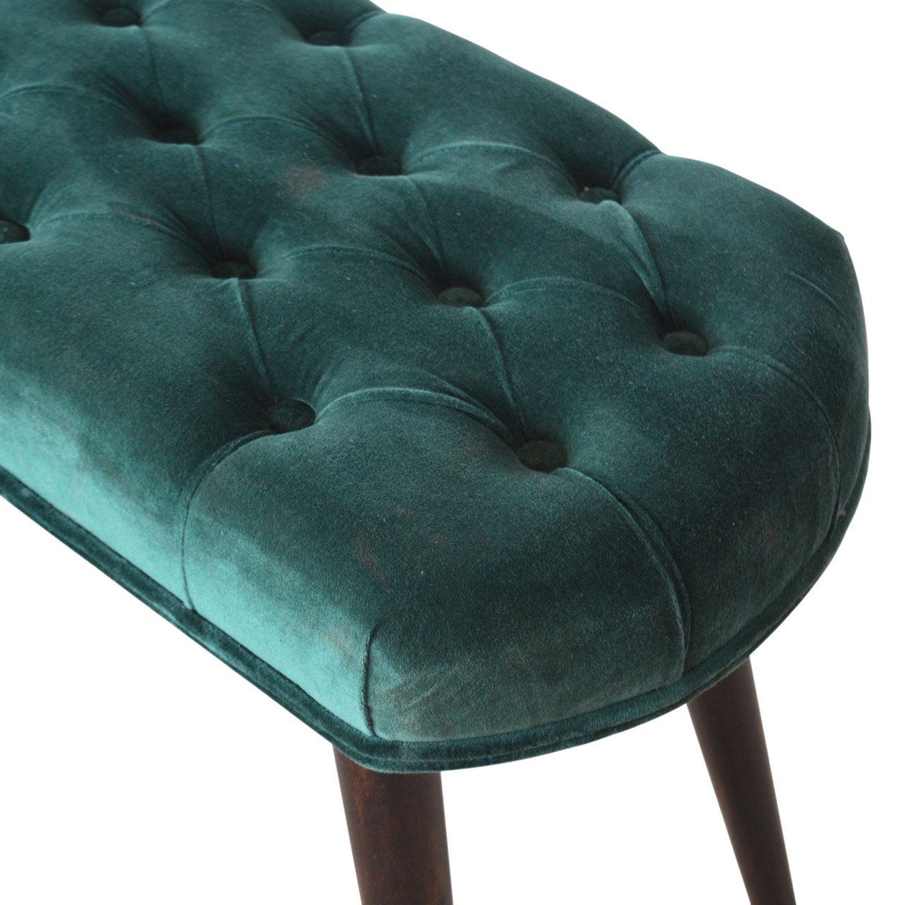 Solid Mango Walnut Finished Legs Emerald Cotton Velvet Fabric Deep Button Scandinavian Style Bench/Stool - Image 5