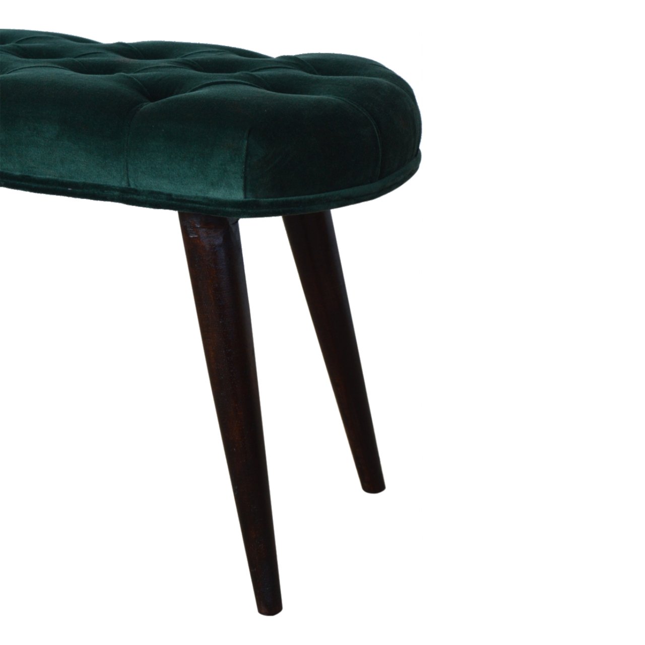 Solid Mango Walnut Finished Legs Emerald Cotton Velvet Fabric Deep Button Scandinavian Style Bench/Stool - Image 6