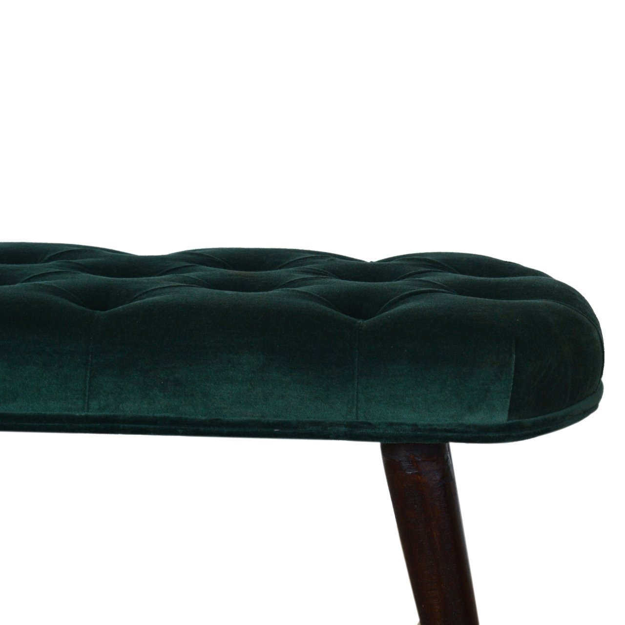 Solid Mango Walnut Finished Legs Emerald Cotton Velvet Fabric Deep Button Scandinavian Style Bench/Stool - Image 8