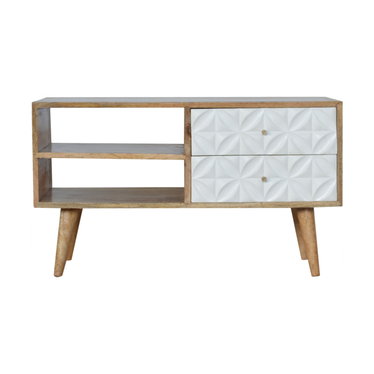 Solid Mango Wood Oak Finished White Painted Diamond Pattern 2 Slot 2 Drawer Media Unit