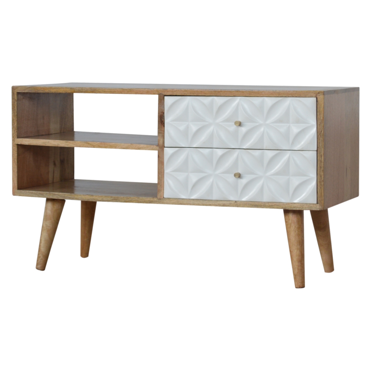 Solid Mango Wood Oak Finished White Painted Diamond Pattern 2 Slot 2 Drawer Media Unit - Image 2