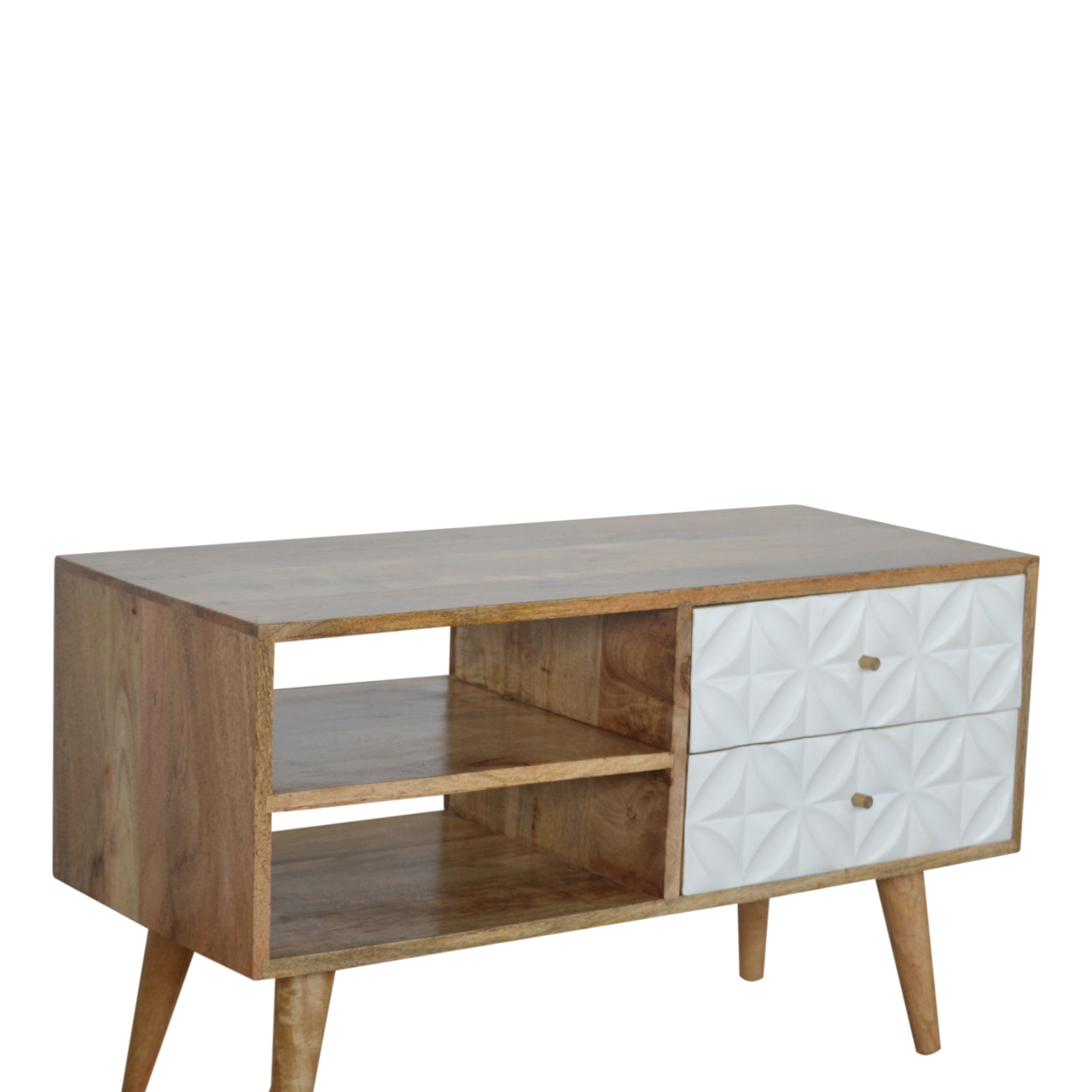 Solid Mango Wood Oak Finished White Painted Diamond Pattern 2 Slot 2 Drawer Media Unit - Image 3