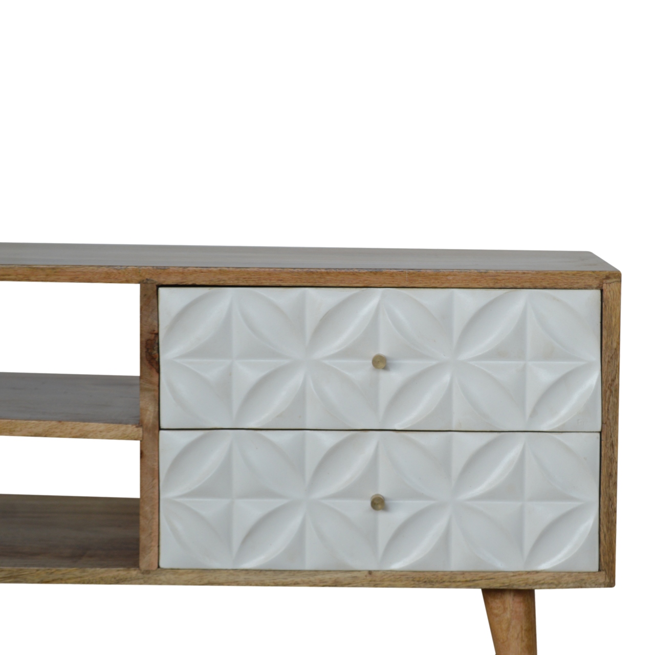 Solid Mango Wood Oak Finished White Painted Diamond Pattern 2 Slot 2 Drawer Media Unit - Image 4