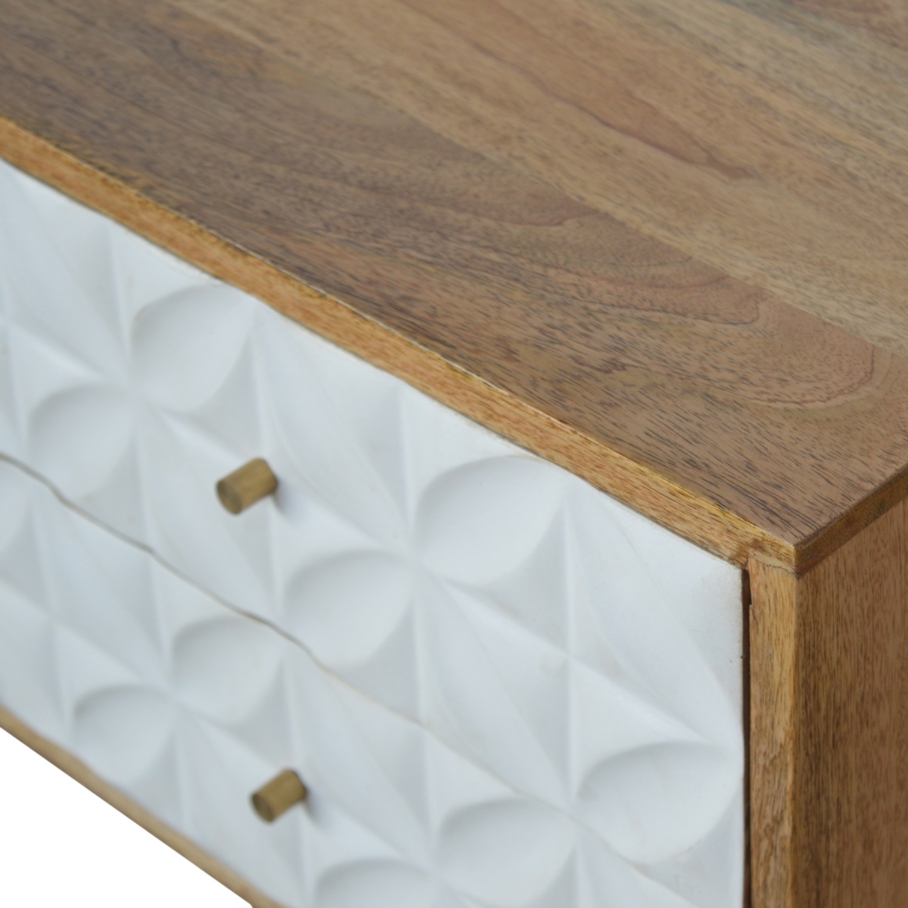 Solid Mango Wood Oak Finished White Painted Diamond Pattern 2 Slot 2 Drawer Media Unit - Image 5