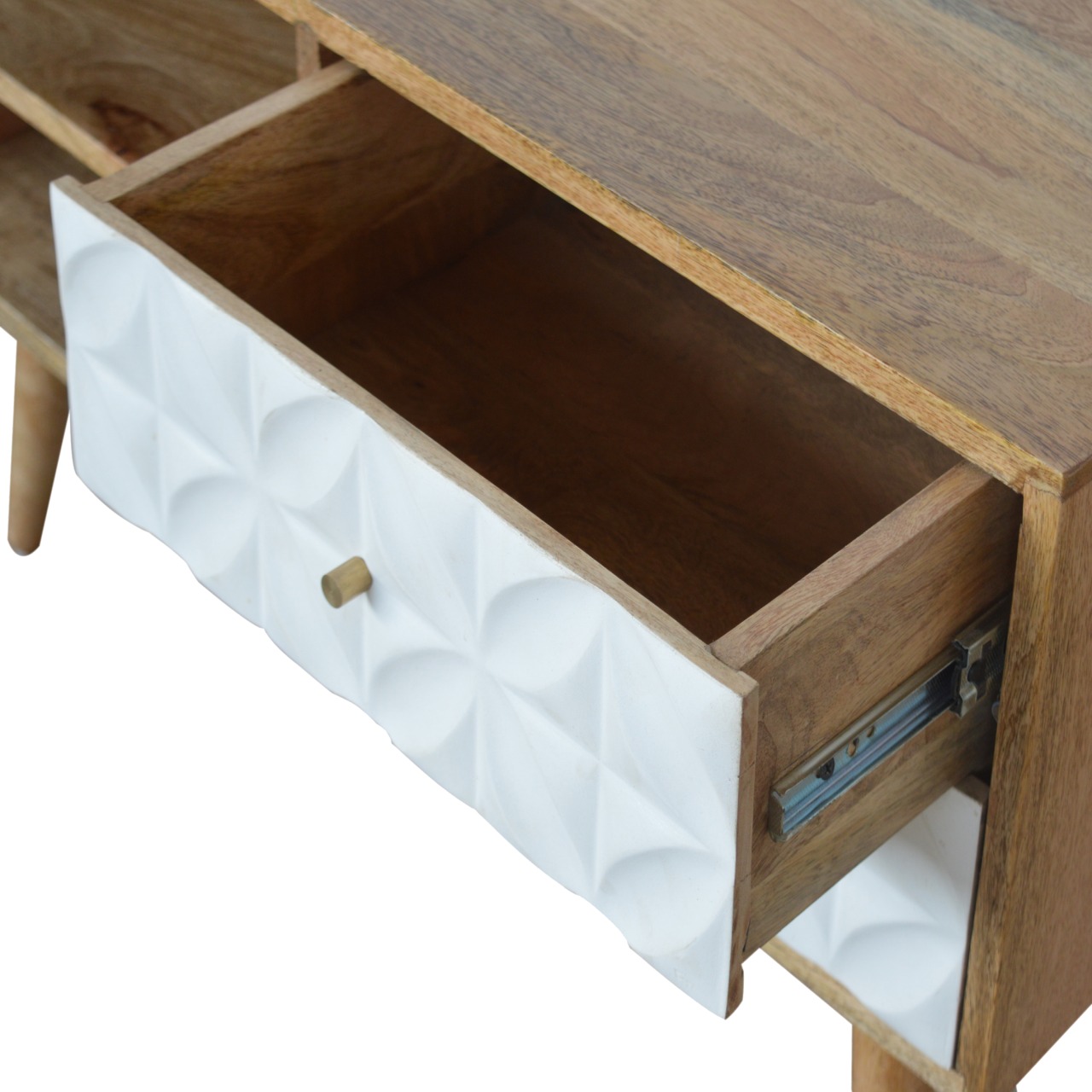 Solid Mango Wood Oak Finished White Painted Diamond Pattern 2 Slot 2 Drawer Media Unit - Image 7