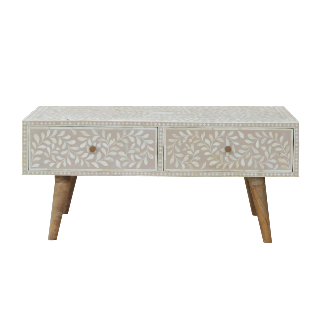 Solid Mango Wood Taupe Floral Bone Coffee Table