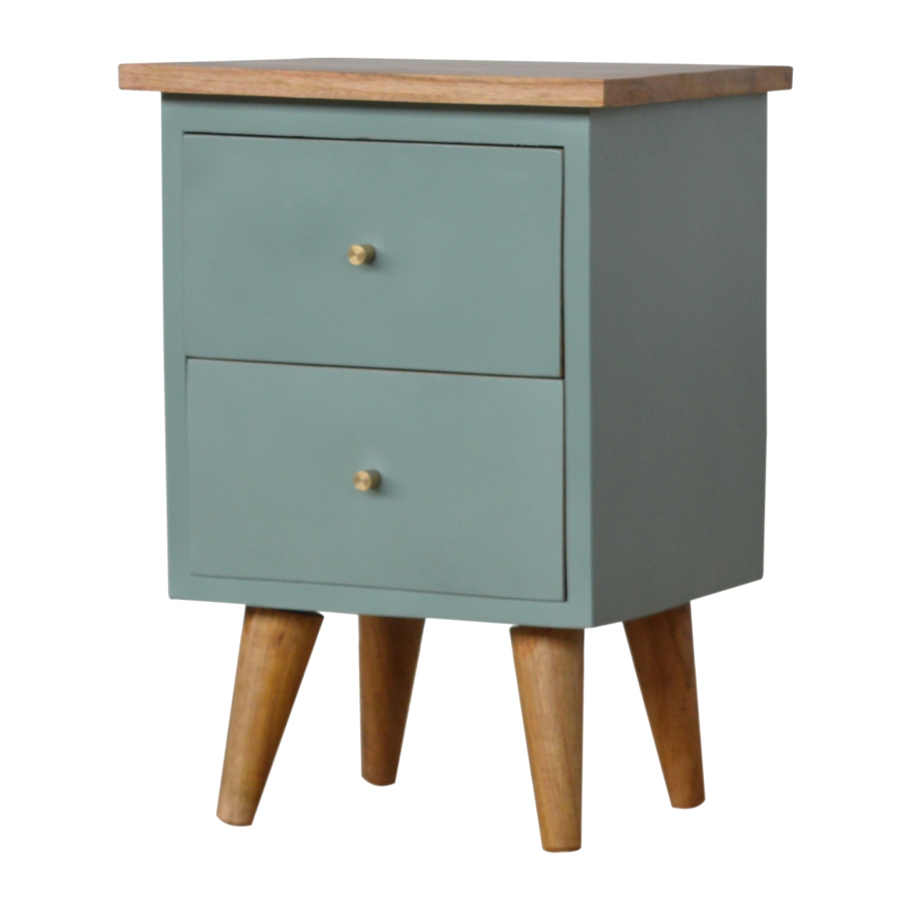 Solid Mango Wood Oak Finished Green Painted Two Drawer Bedside Table/Cabinet - Image 8
