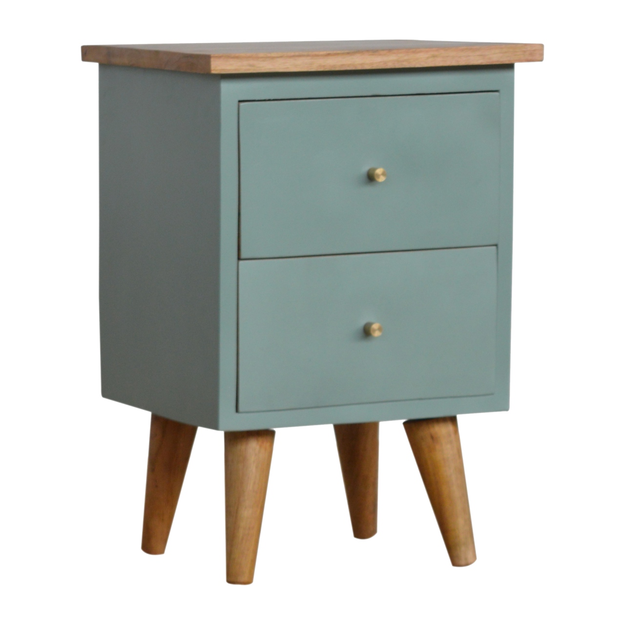 Solid Mango Wood Oak Finished Green Painted Two Drawer Bedside Table/Cabinet - Image 7