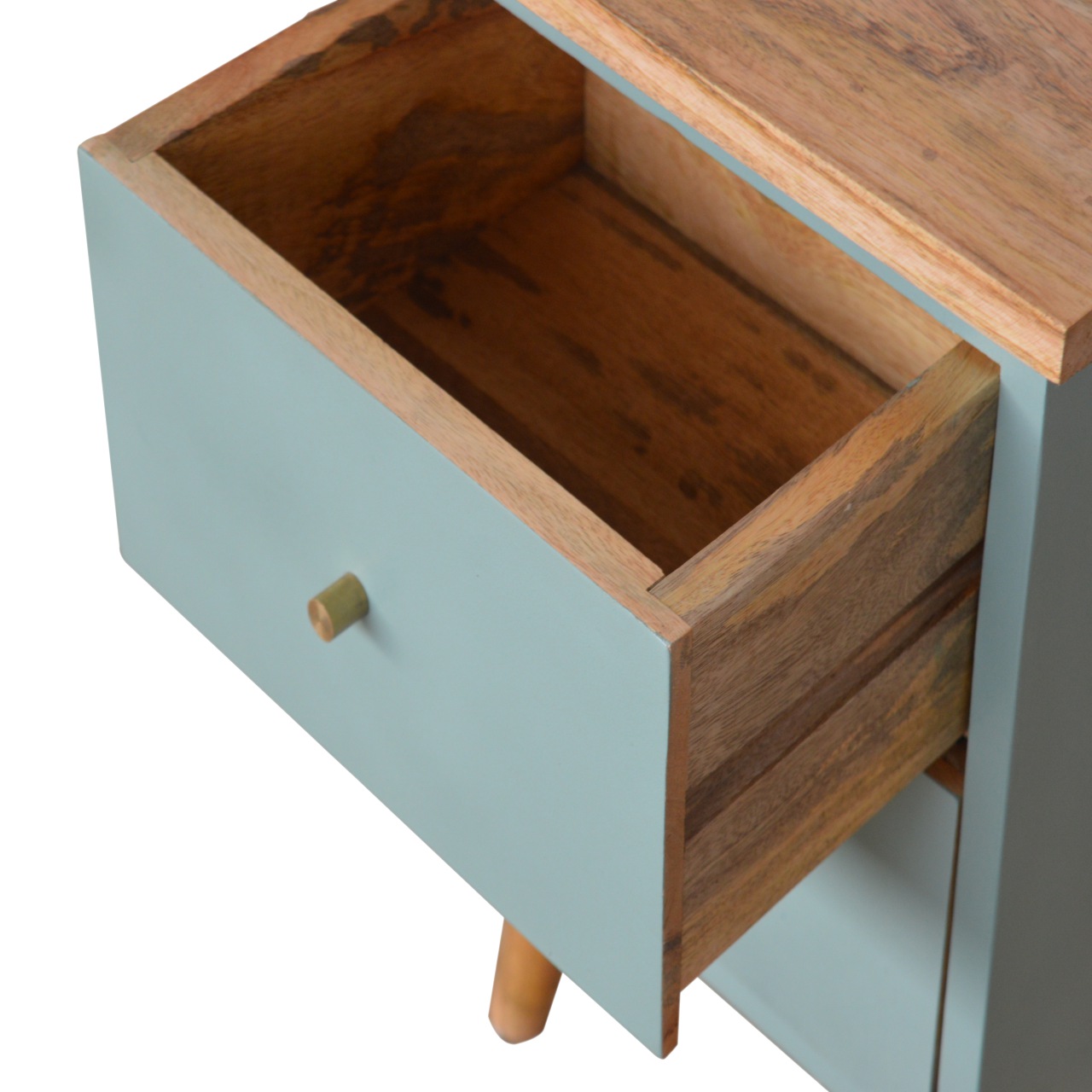 Solid Mango Wood Oak Finished Green Painted Two Drawer Bedside Table/Cabinet - Image 3