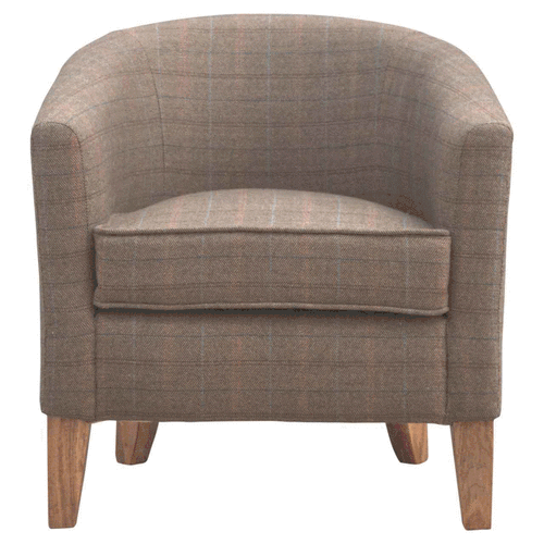 Solid Mango Wood French Style Upholstered Checked Tweed Tub Chair - Image 9