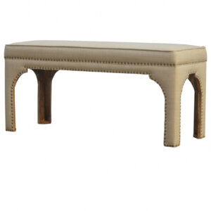 Solid Mango Wood Cream Linen Upholstered with Studs Bench