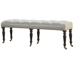 Solid Mango Wood Light Walnut Finished White Deep Button Linen Bench