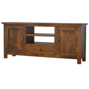 Solid Mango Wood Chestnut Finished 2 Slots 1 Drawer 2 Cupboards Media Unit