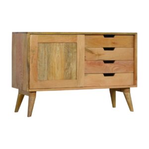 Solid Oak Finished Mango Wood Four Drawer Sliding Door Sideboard/Cabinet