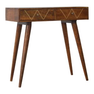 Solid Oak Finished Mango Wood Two Drawer Brass Inlay Console Table