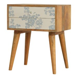 Solid Mango Wood Oak Finished Bedside with Blue Floral Screen Print Front