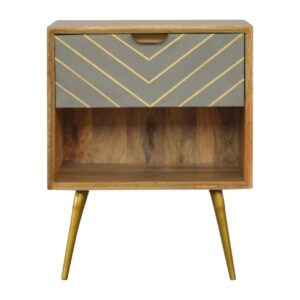 Solid Oak Finished Mango Wood Cement Drawer Front with Brass Inlay Scandinavian Style 1 Drawer Bedside