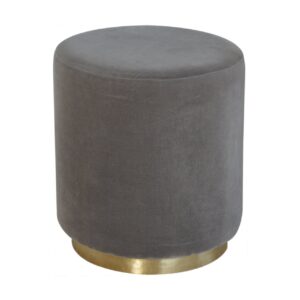 Solid Mango Wood Grey Velvet Round Footstool with Gold Coloured Base