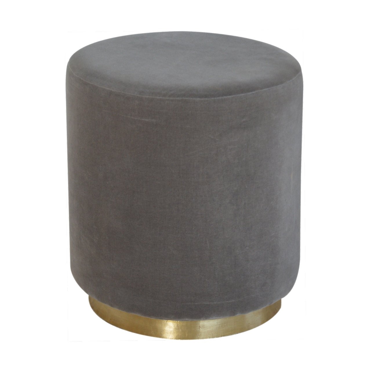 Solid Mango Wood Grey Velvet Round Footstool with Gold Coloured Base